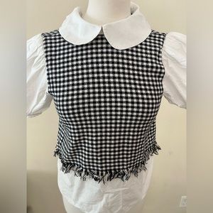 Zara Women's White Collared Front Tweed Balloon Sleeves Top Black and White S